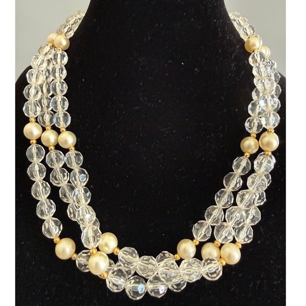 Clear Bead Faux Pearl 3 Strand Choker Necklace 15" Faceted Acrylic Gold Tone
